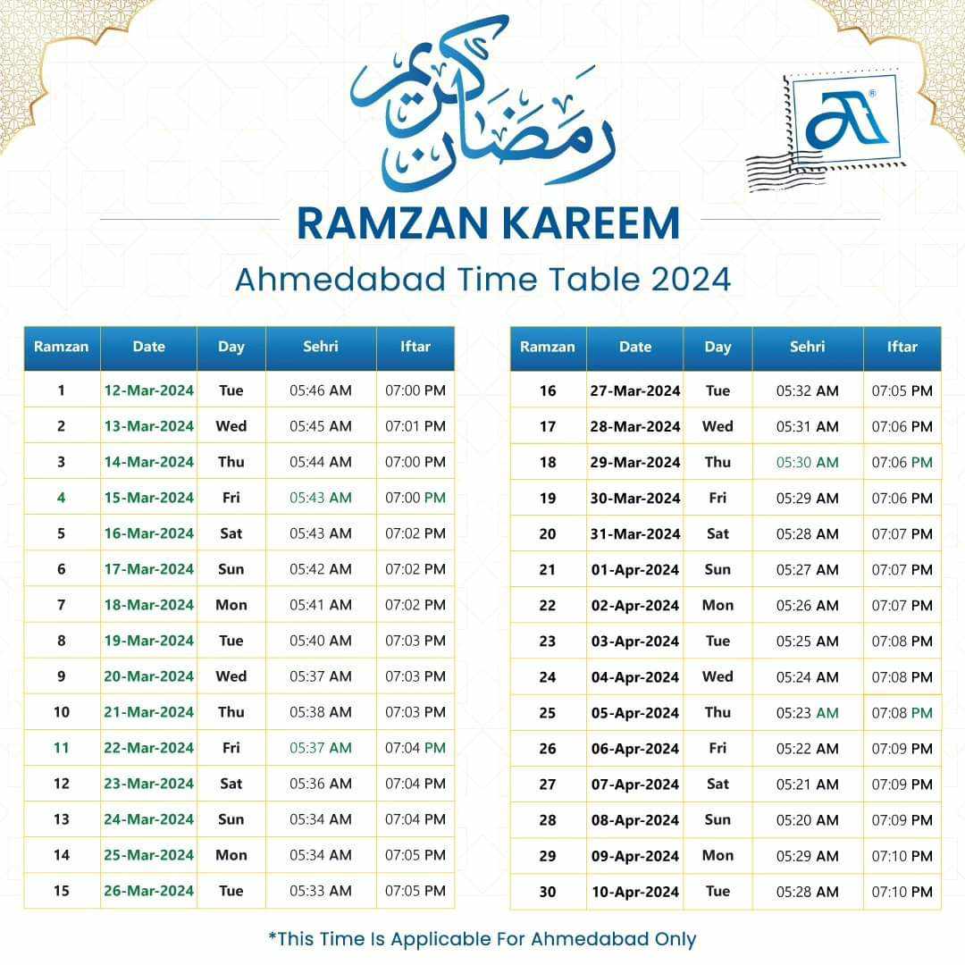 Ahmedabad Ramadan Time Table 2024