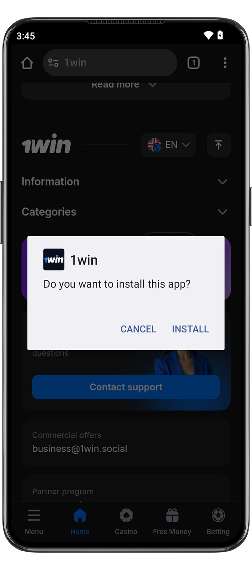 Installing the 1win app on Android device