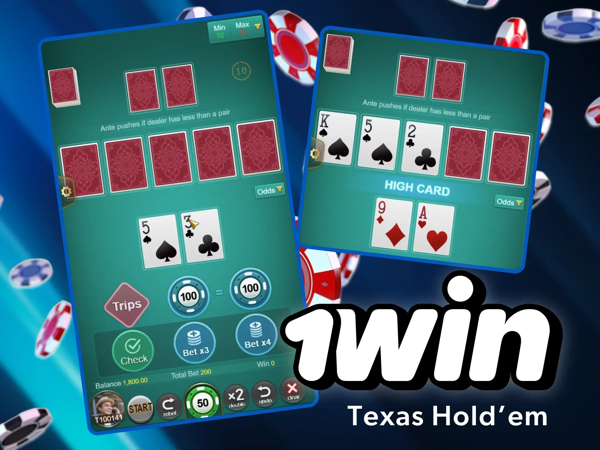 Enjoy playing the Texas hold'em version of poker in the 1win casino.